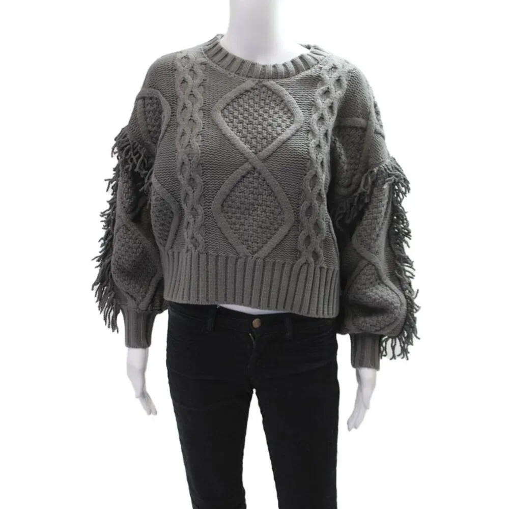 Line And Dot Womens Cable Knit Fringe Crew Neck Sweater Gray Size Extra Small